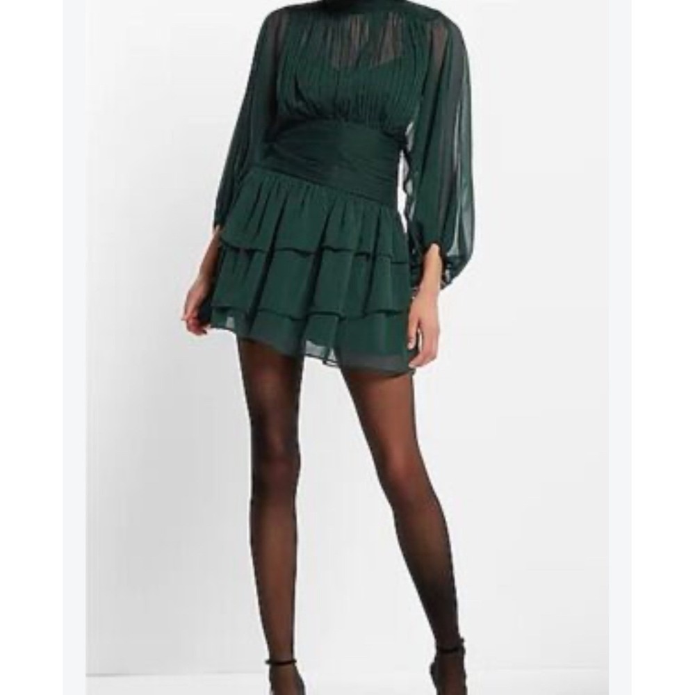 Express Dark Green Pleated Tiered Mini Dress High Neck Balloon Sleeve NWT